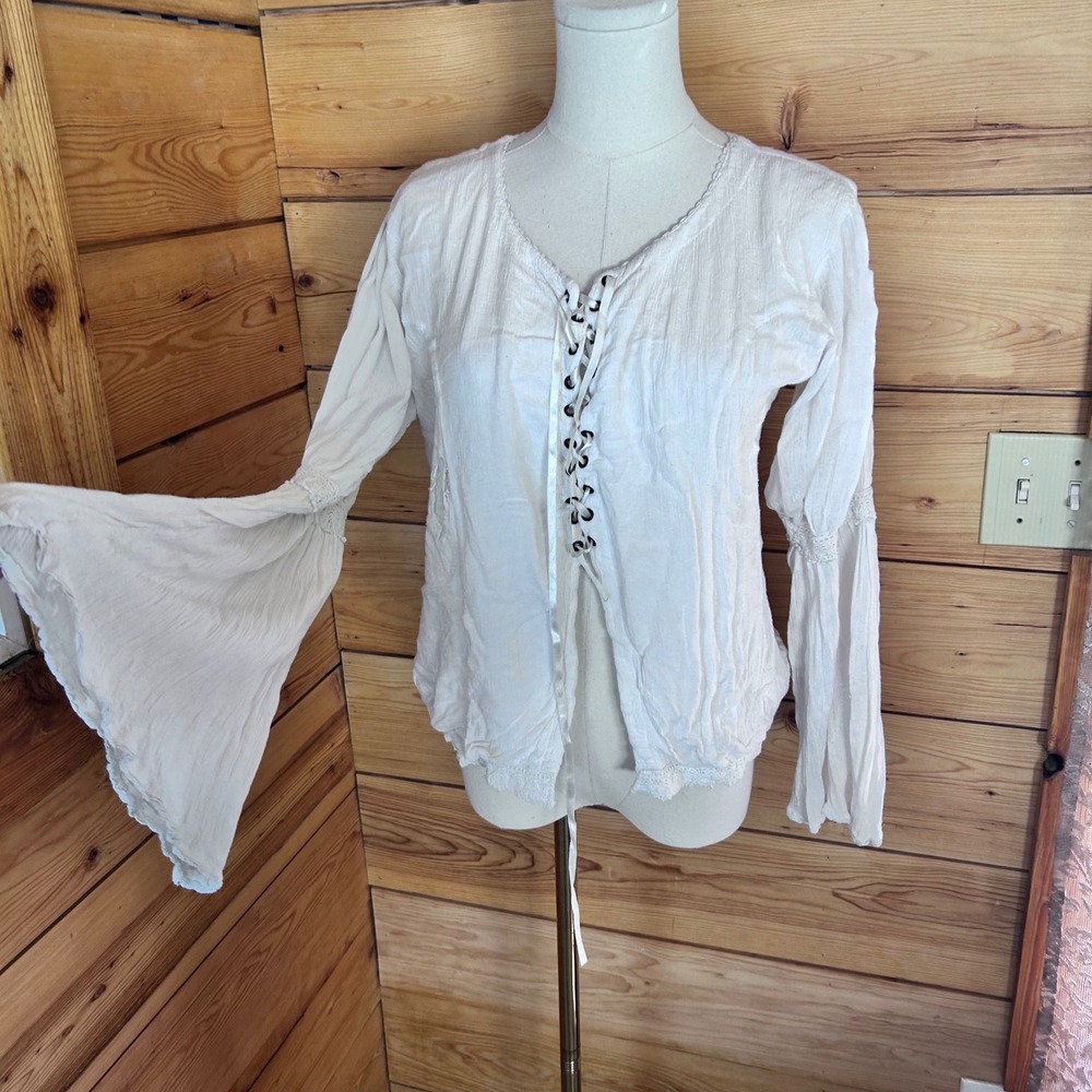 Vintage Gauze Lace Up Bell Sleeve Blouse Womens Large White Peasant Nymph